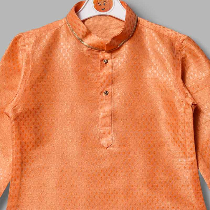 Silk Peach Boys Kurta Pajama Close Up View
