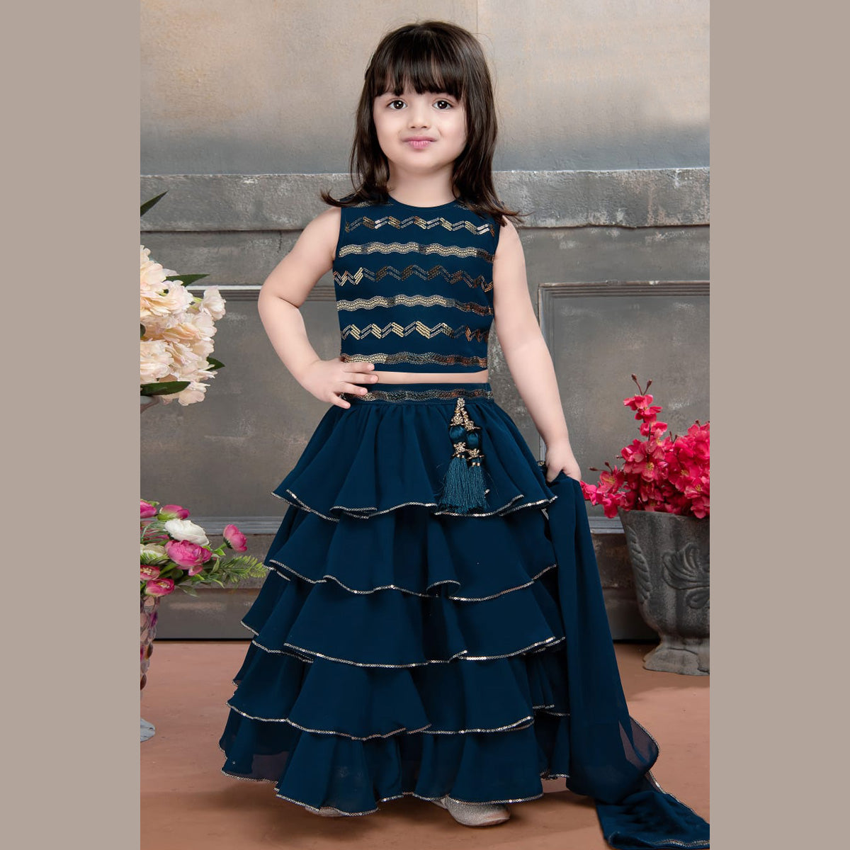 Rama Layered Lehenga Choli for Girls - Main Image