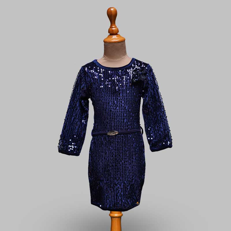 Blue Sequin Girls Midi Front View