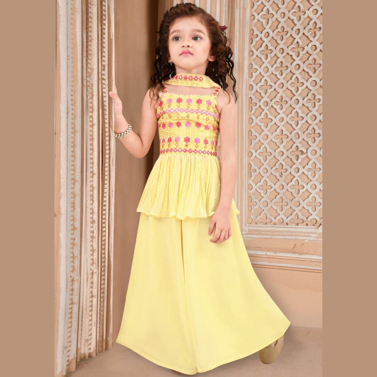 Lemon Peplum Kurti with Palazzo for Girls1