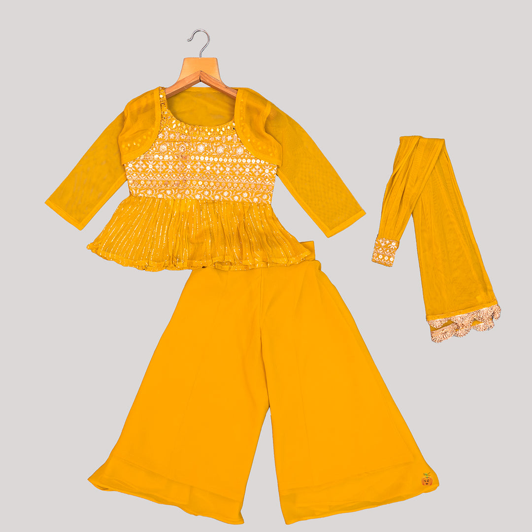 Mustard Sequin Embroidered Girls Palazzo Suit Front View