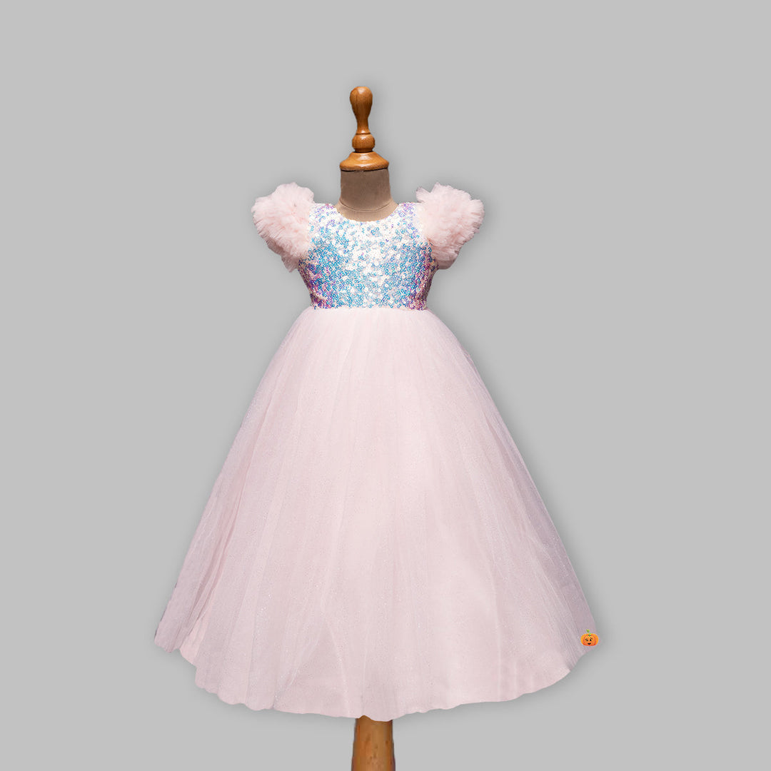 Pink Frill Sleeves Sequin Girls Gown Front View