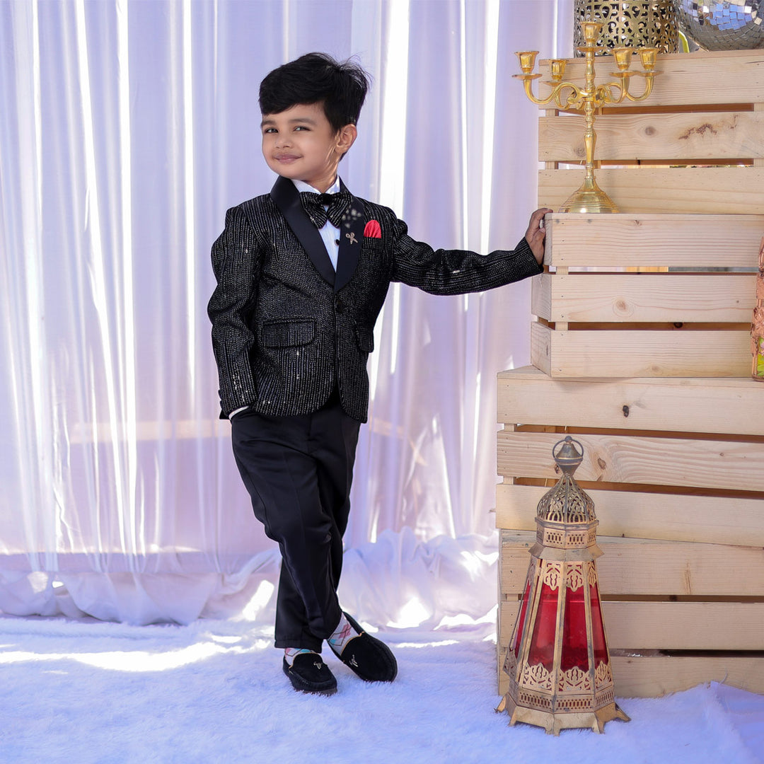 Black Sequin Boys Tuxedo Suit Front View