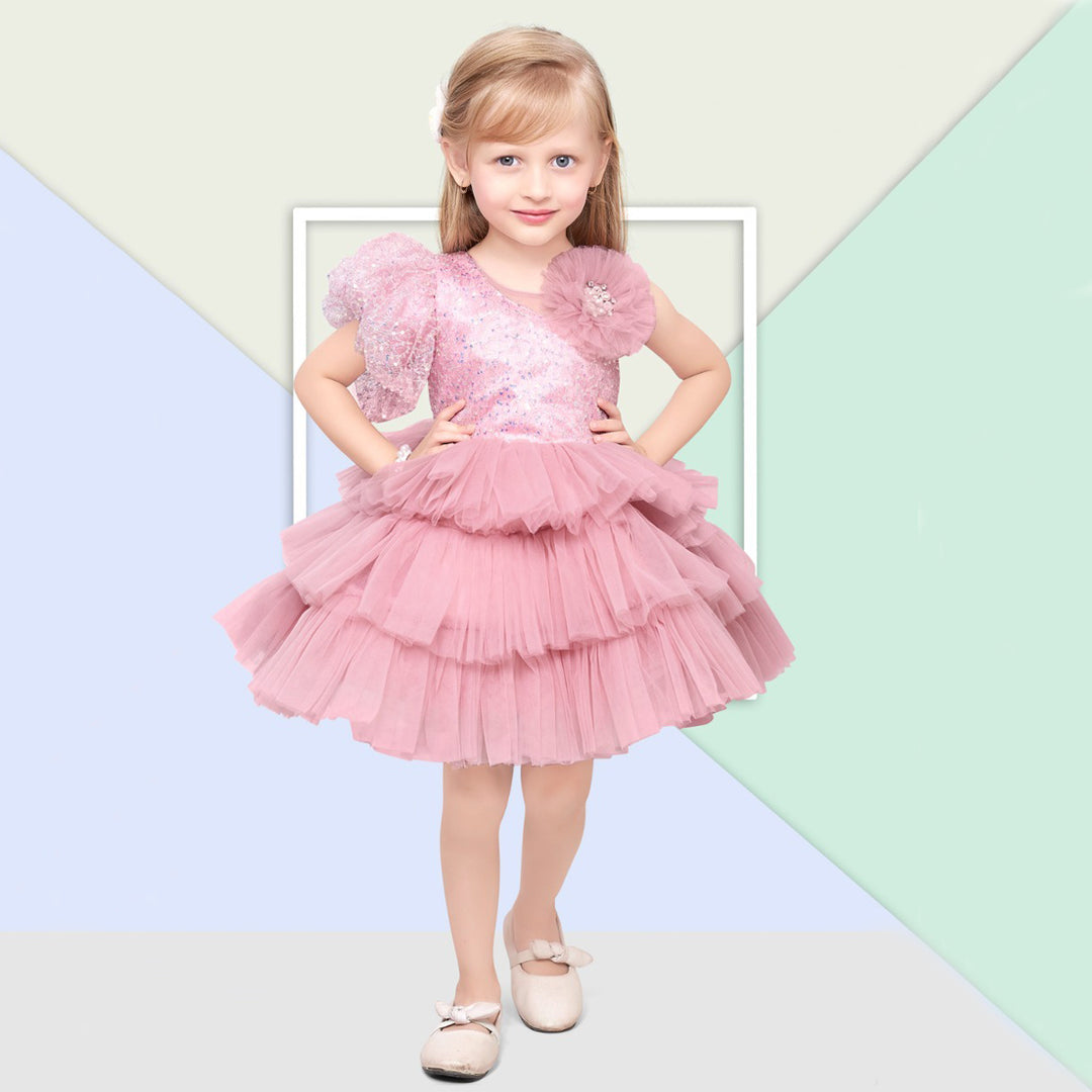 One Shoulder Pink Girls Frock Model Front View