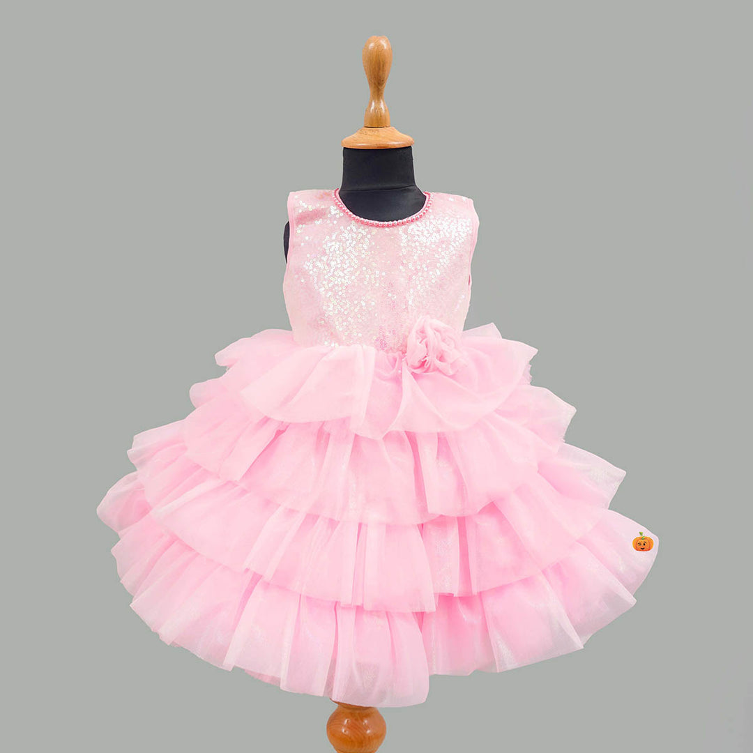 Pink Sequin Layered Girls Frock Front View