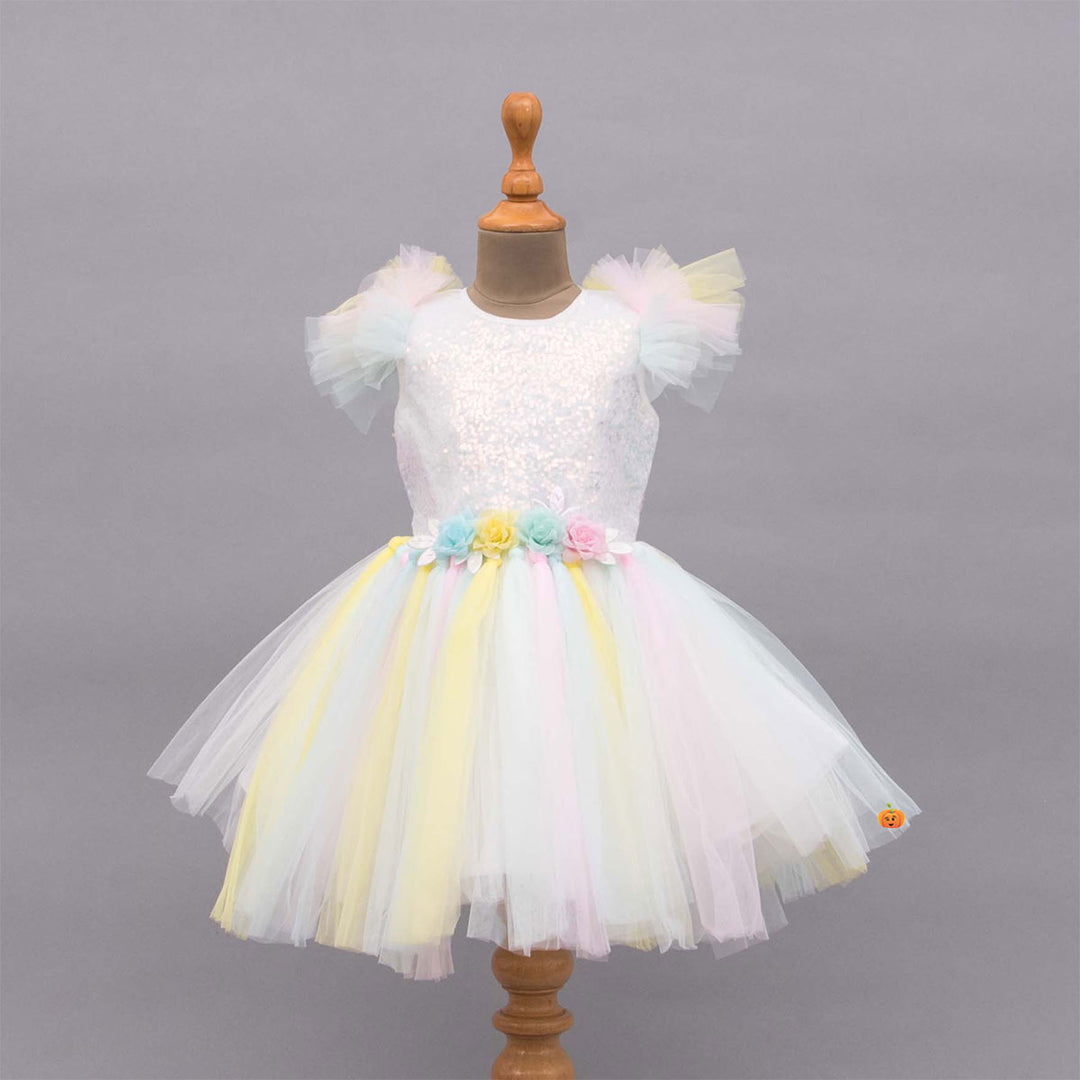 White Sequin Girls Frock Front View