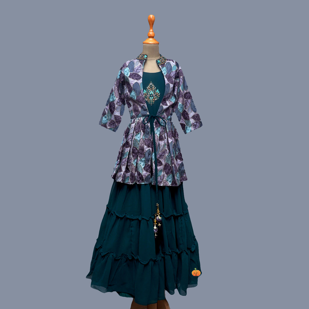 Green Leaf Design Girls Gown with Shrug Front View