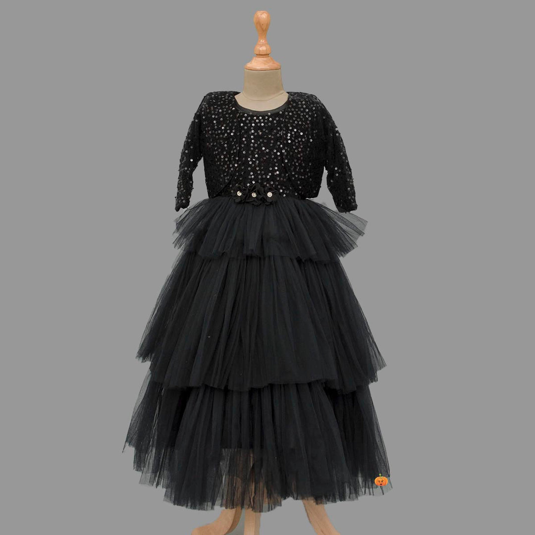 Black Layered Girls Gown with Jacket Front View
