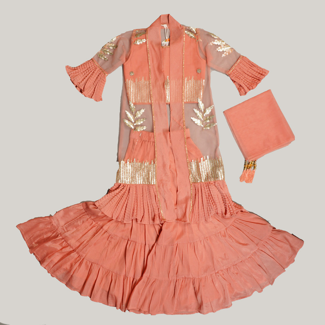 Peach Girls Gharara Dress with Shrug Front View