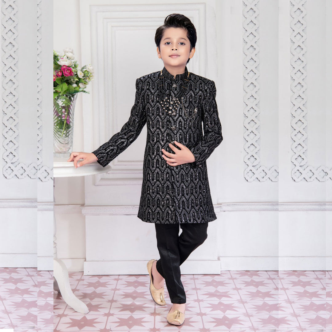 Black Sherwani for Boys Front View