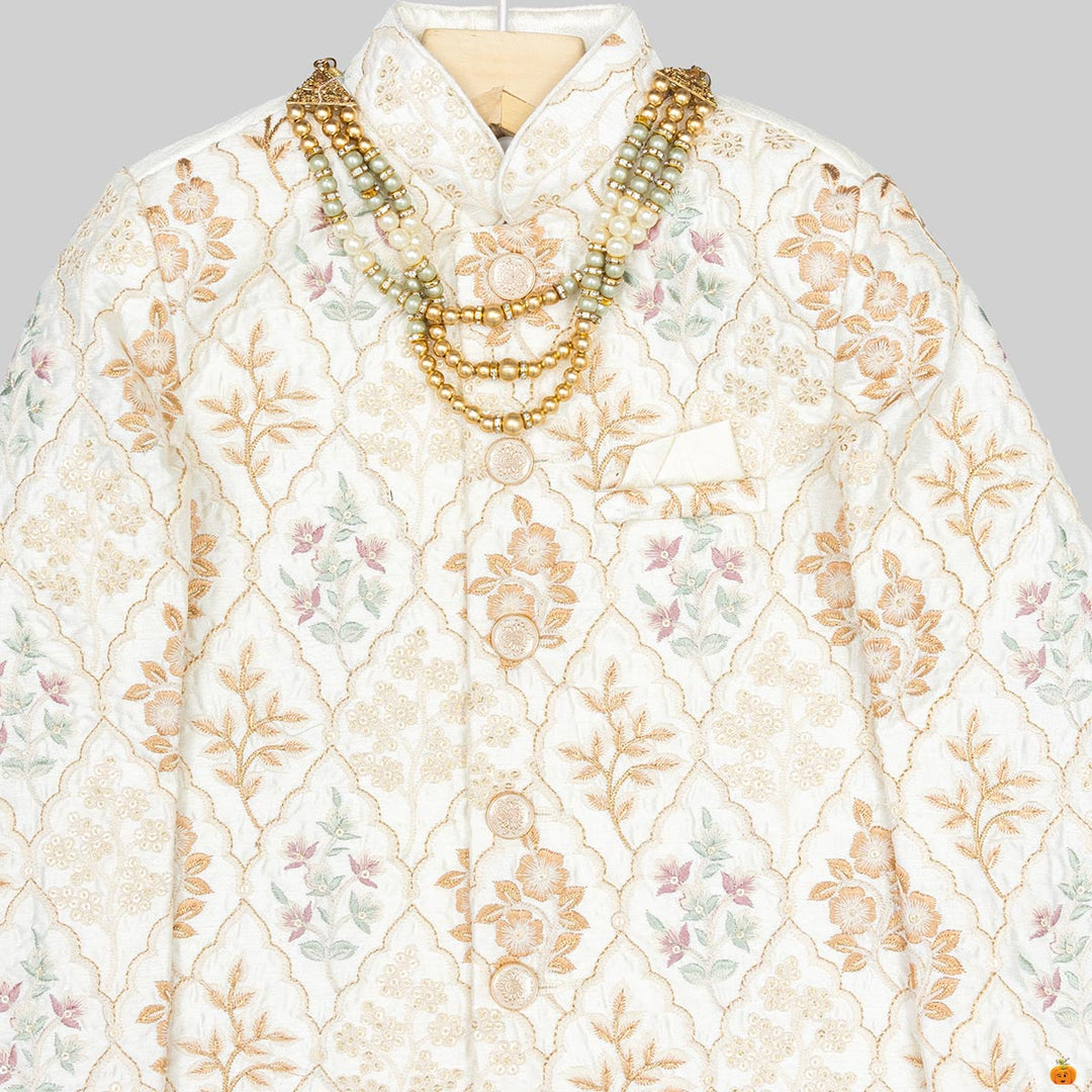 Cream Floral Sherwani for Boys Close Up View