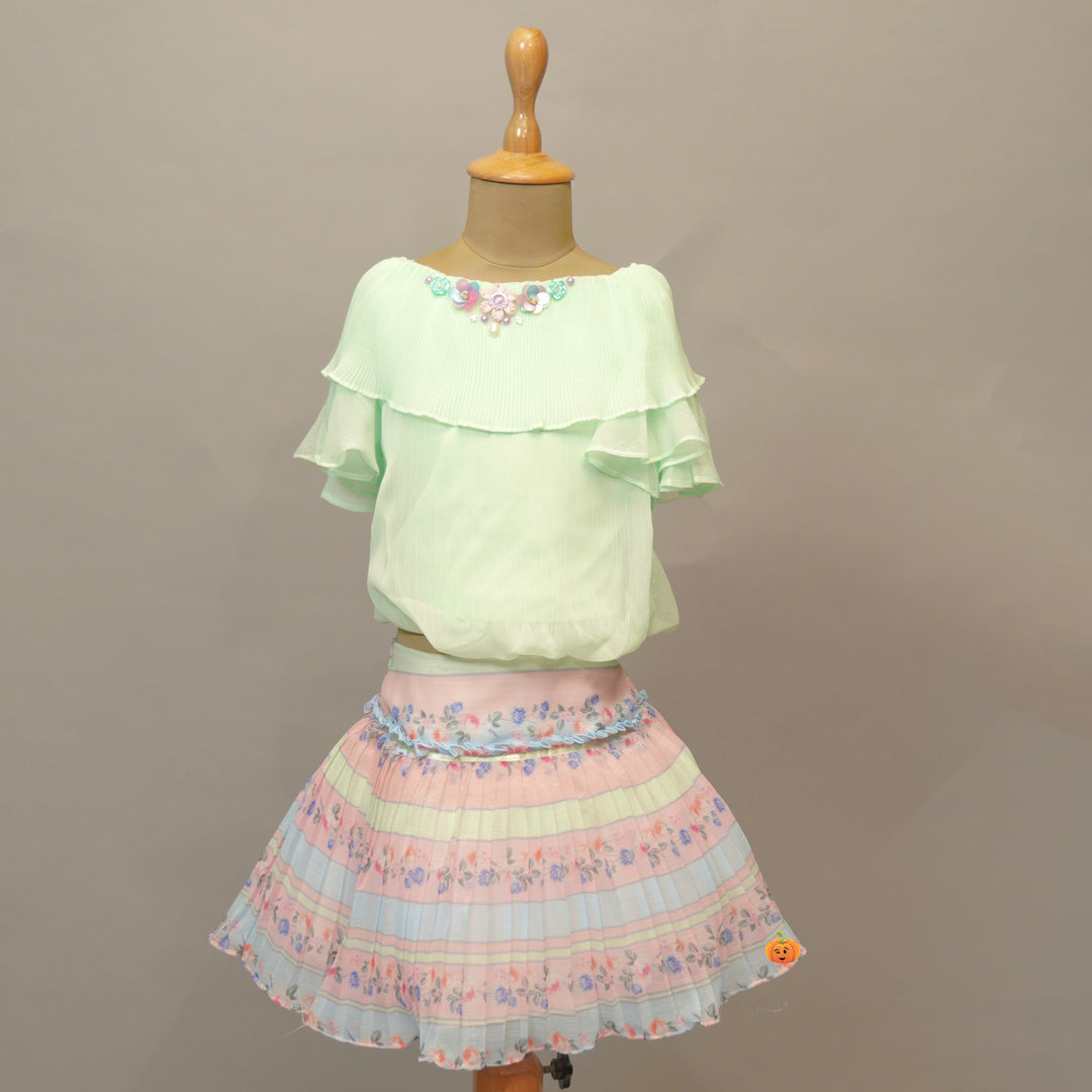 Floral Print Skirt With Ruffle Layered Top For Kids