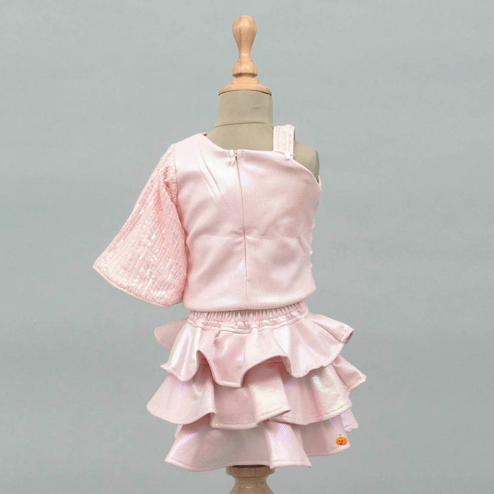 Peach-Grey Sequin Layered Girls Skirt & Top for Kids Back View