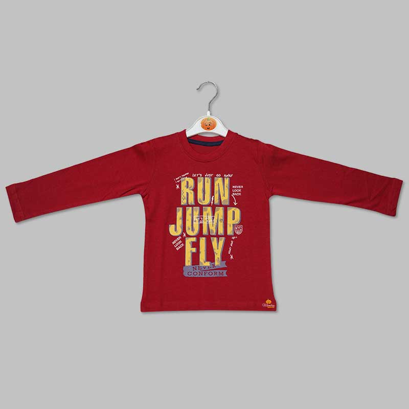 Printed T-Shirts For Boys In Maroon Color Front View