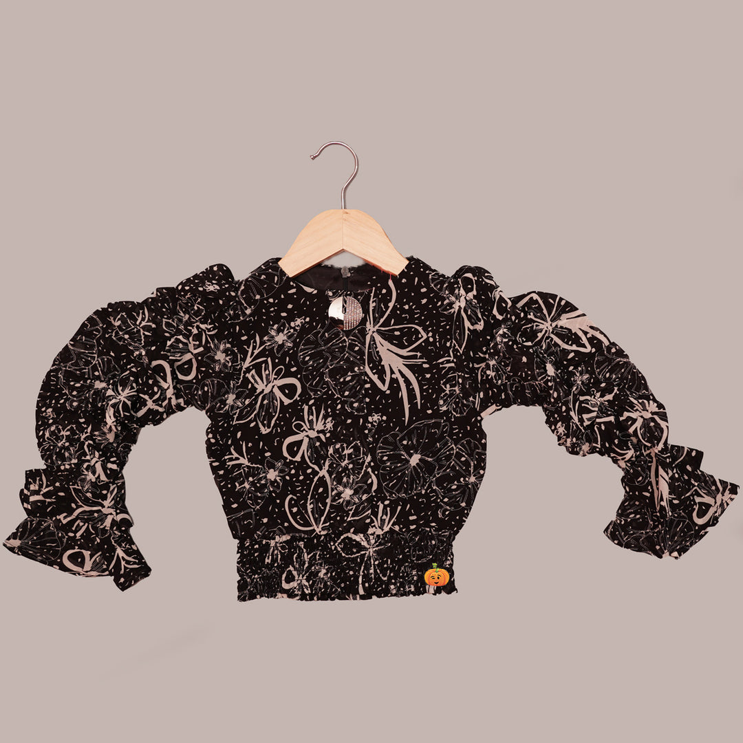 Black & Cream Girls Top with Bell Sleeves Front View