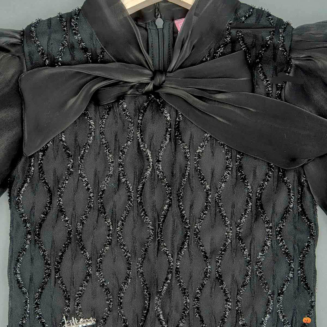 Black Puffy Sleeves Girls Top Close Up View