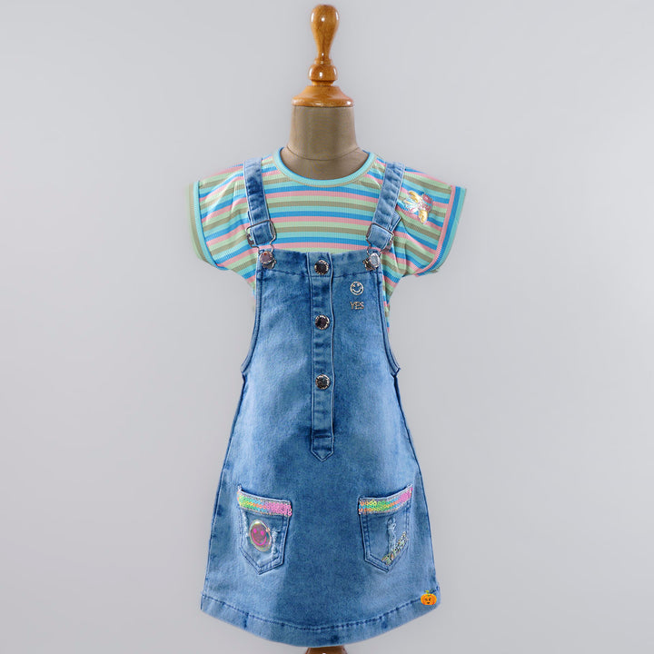 Blue Girls Dungaree Dress with Striped Top Front View