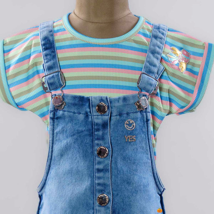 Blue Girls Dungaree Dress with Striped Top Close Up View