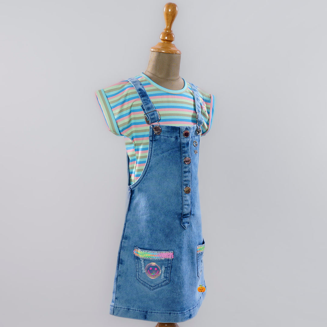 Blue Girls Dungaree Dress with Striped Top Side View
