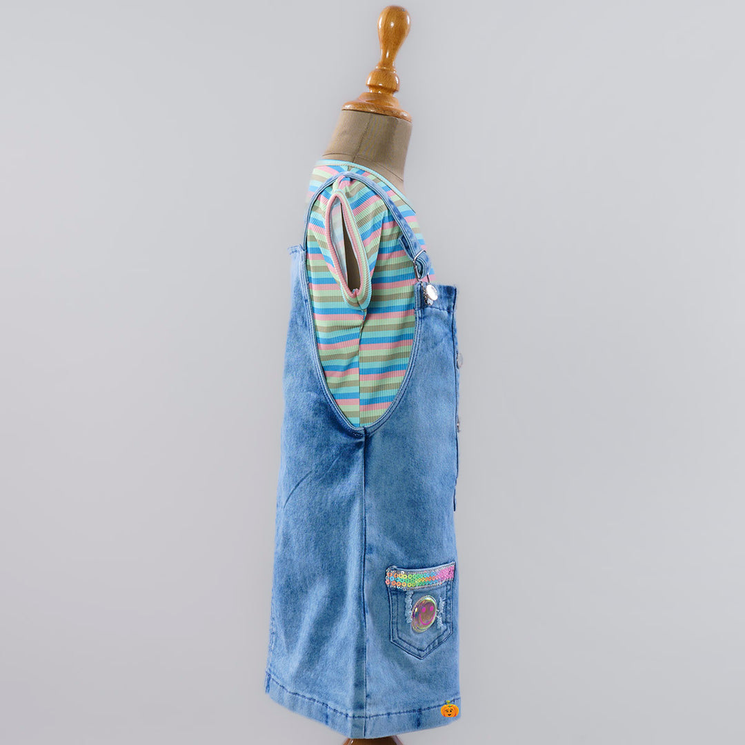 Blue Girls Dungaree Dress with Striped Top Side View