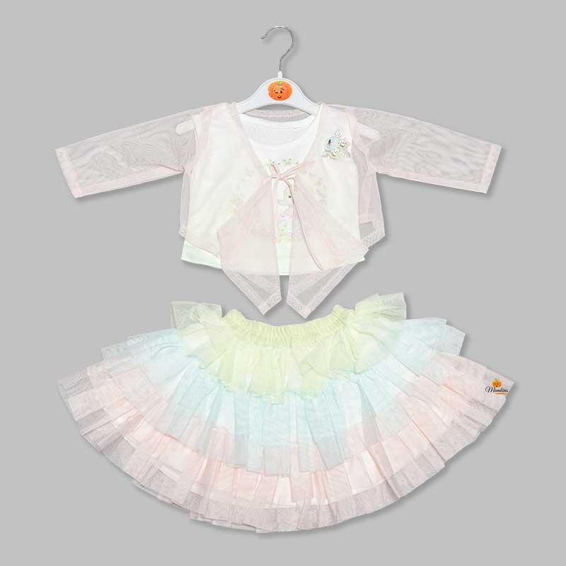 Western Set For Girls And Kids With Layered Pattern SkirtPeach
