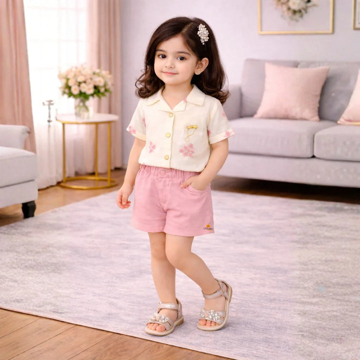 Off White Floral Embroidered Topper for Girls