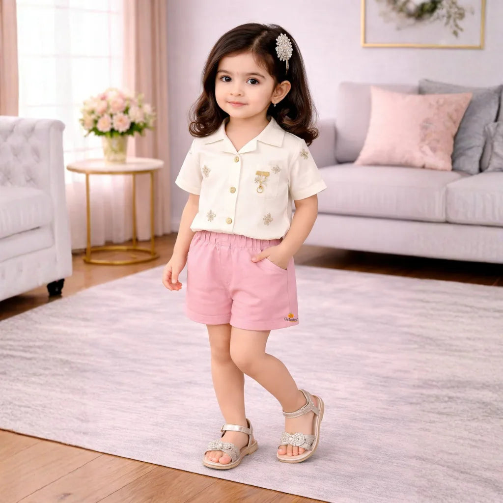 Off White Floral Embroidered Topper for Girls