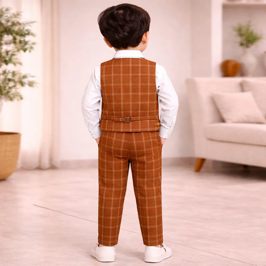 Stylish Brown Check 3-Piece Formal Set for Boys