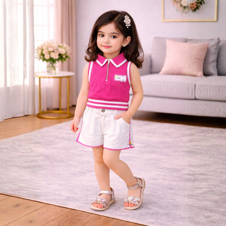 Girls Stylish Sleeveless Collar Crop Top with Front Zip