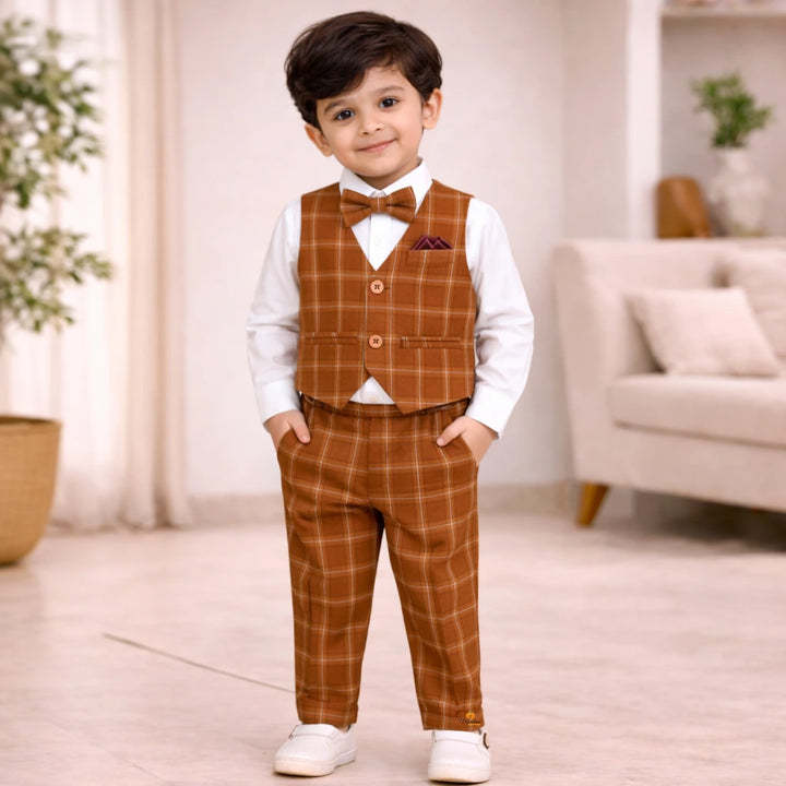 Stylish Brown Check 3-Piece Formal Set for Boys