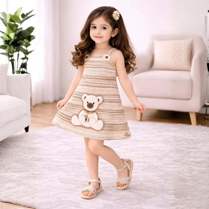 Girls Striped Midi Dress with Teddy Design