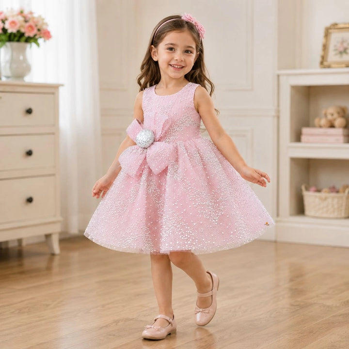Stylish Pink Sequin Party Frock with Bow for Girls