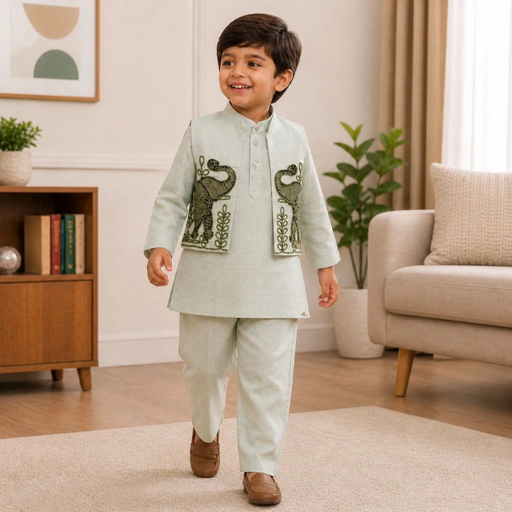 Boys Beige Kurta Pajama with Elephant Embroidered Nehru Jacket
