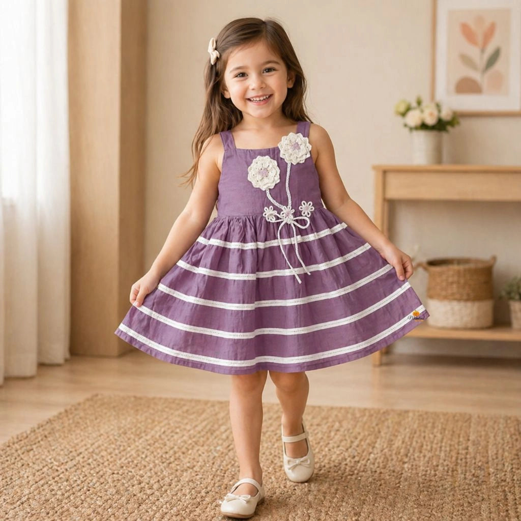 Girls Purple Striped Frock with Floral Detail