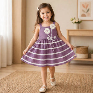 Girls Purple Striped Frock with Floral Detail