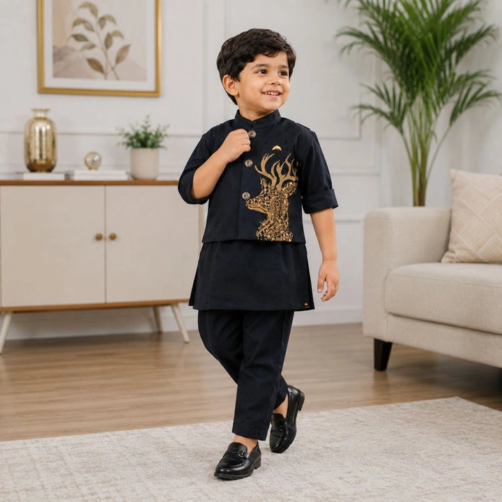 Stylish Black Kurta Pajama with Embroidered Deer Jacket for Boys