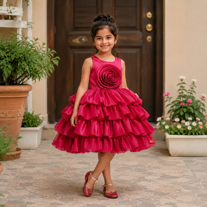 Red Layered Ruffle Partywear Frock for Girls