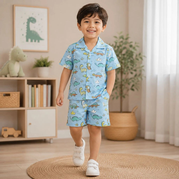 Boys Blue Dinosaur Print Shirt And Shorts Co-Ord Set