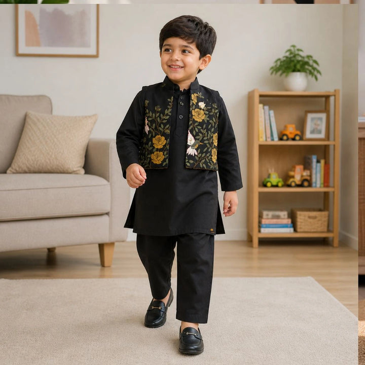 Premium Boys Black Kurta Pajama Nehru Jacket Set for Weddings & Parties
