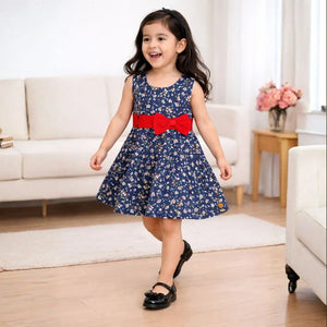 Navy Blue & Red Girls Sleeveless Floral Dress with Bow Belt