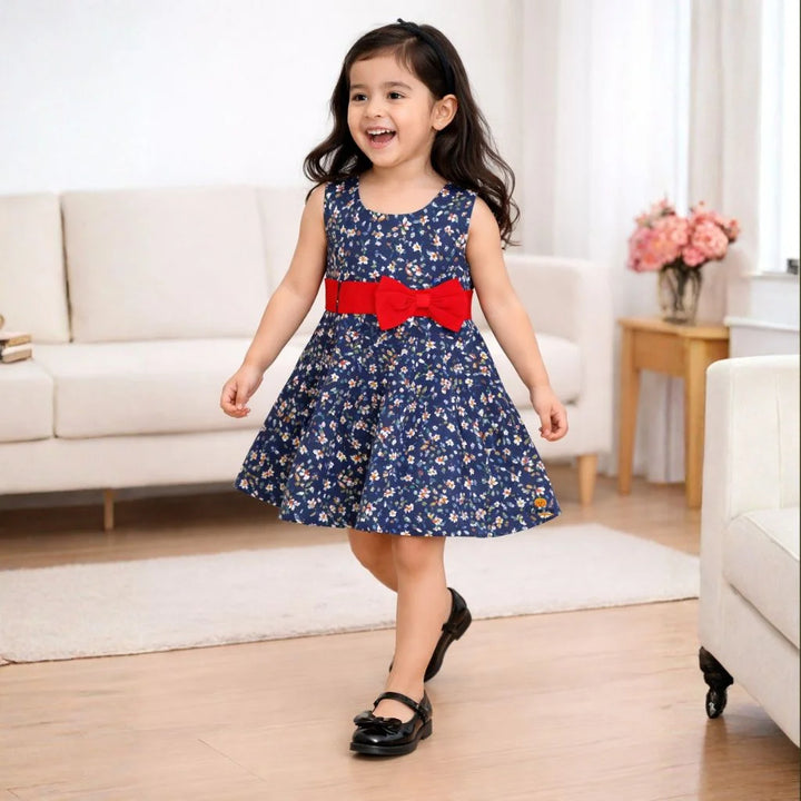 Navy Blue & Red Girls Sleeveless Floral Dress with Bow Belt