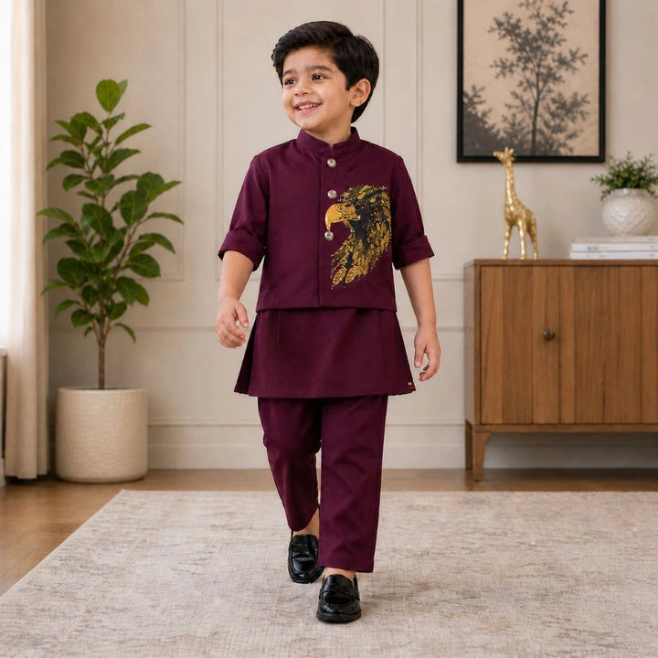 Premium Boys Wine Kurta Pajama Set with Designer Jacket for Weddings & Parties