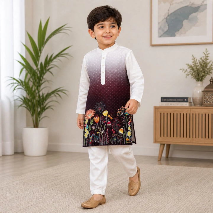 White Ombre Floral Kurta Pajama Set for Boys