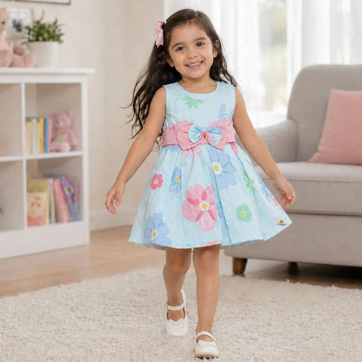 Girls Flower Print Dress with Bow Detail