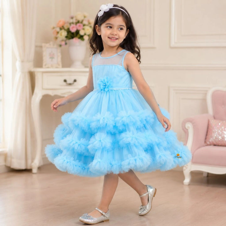 Firozi Tail Pattern Partywear Frock for Girls