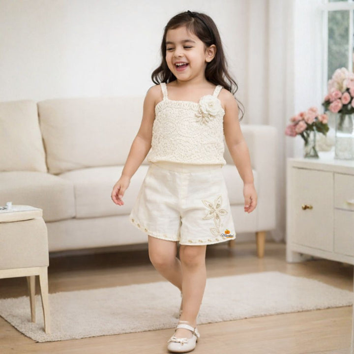 Girls Western Wear White Top & Shorts Co-Ord Set