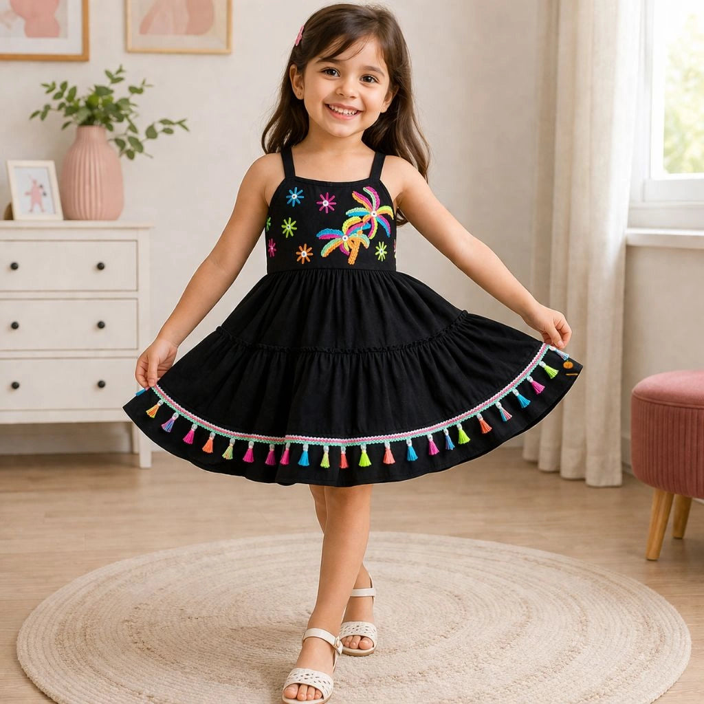Black Party Wear Frock for Girls with Multicolor Embroidery and Tassels