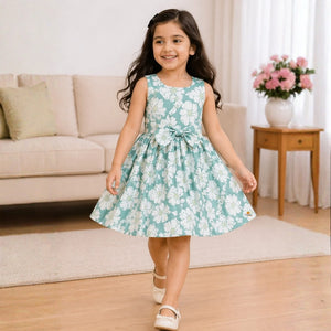 Green Floral Sleeveless Fit and Flare Dress for Girls