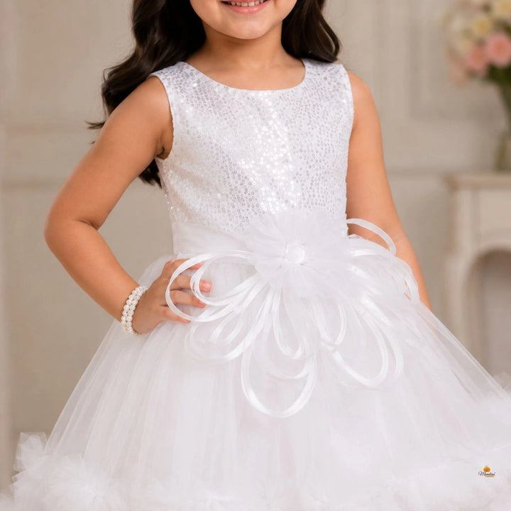 White Tail Pattern Partywear Frock for Girls