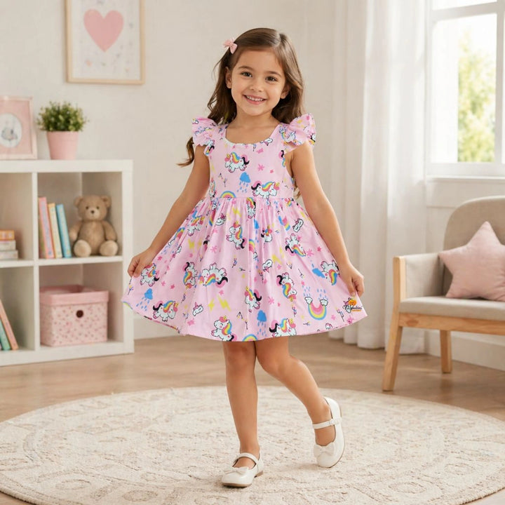 Pink Unicorn Print Fit & Flare Dress for Girls